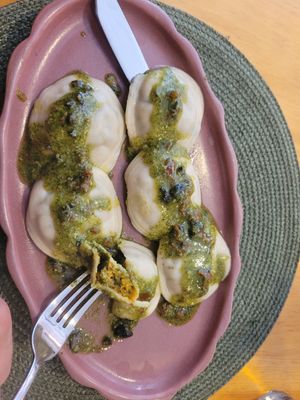 Pasta sorrentino with squash filling, very nice homemade pesto at A Porta Verde in Santiago De Compostela