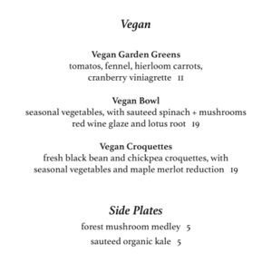 Vegan menu at Loondocks in Burlington
