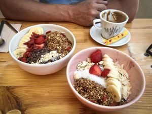 Açai bowls large and small - delicious!  at Natural.mente in Portimao