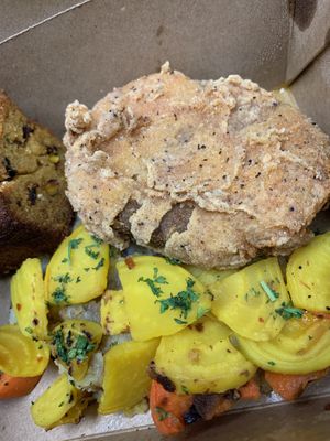 Country fried steak and veggies and cornbread Omnomnomnom  at So Radish in Arvada