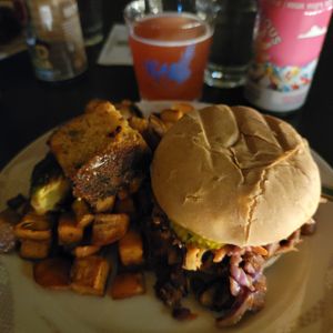 BBQ Jackfruit with a side of Brussels Sprouts Sweet Potato Hash. at So Radish in Arvada
