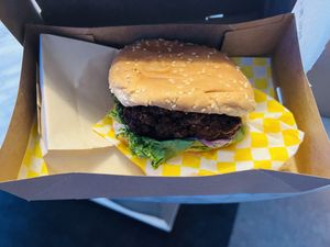 About to enjoy a vegan burger   at Honeybee Burger in Los Angeles