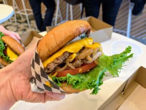 Queen Bee double burger at Honeybee Burger in Los Angeles