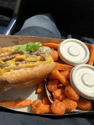 Impossible with sweet potatoes tots/fries  at Honeybee Burger in Los Angeles