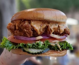 Atlas.Monroe fried chick'n sando at Honeybee Burger in Los Angeles