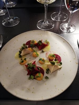 Tortellini with almond cheese at Vincent's in Riga