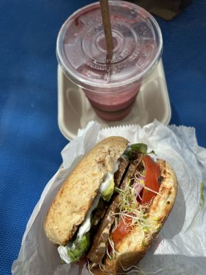 Breakfast Bagel (with tempeh) & Purple Jungle smoothie  at Date & Thyme - Help Yourself in Key West