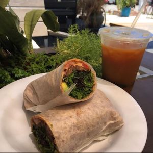 chipotle tempeh wrap and cold brewed coffee  at Date & Thyme - Help Yourself in Key West