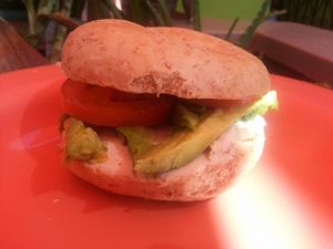 Bagel with cashew 'cream cheese' tomato and avocado at Date & Thyme - Help Yourself in Key West
