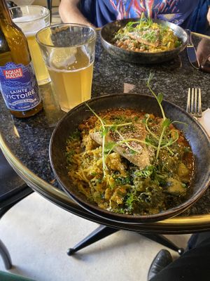 Vegan dish of the way (or week, not sure). Very tasty! With an organic local beer on the side! (Don’t mind my friends spaghetti arms)  at Café du Temps in Aix-en-provence