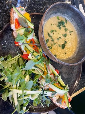 Veggie Toast with plant based ricotta and melon soup.  at Café du Temps in Aix-en-provence