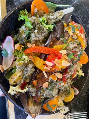 Stuffed eggplant with rice pilaf at Café du Temps in Aix-en-provence