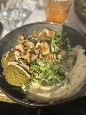 Amazing Mediterranean dish with falafel and celery root purée   at Café du Temps in Aix-en-provence