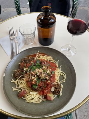 Gluten free (to give myself self a break from all the delicious bread and baked goods in France!) and vegan pasta and meatballs. So delicious and memorable !  at Café du Temps in Aix-en-provence