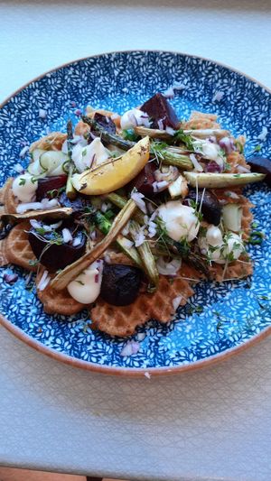 Savoury waffle with beet roots and asparagus at Älskade Traditioner in Stockholm