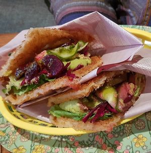 Vegan savory waffle with avocado and veggies. Yummy! at Älskade Traditioner in Stockholm
