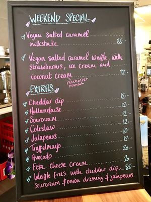 Vegan specials board at Älskade Traditioner in Stockholm