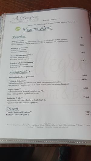 Vegan menu at Allegro in Guenzburg