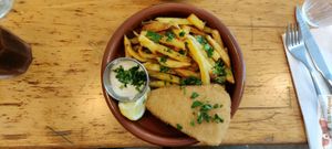 Vegan Breaded fish, homemade fries, tartar sauce, sprouted seeds at Mōpa in Paris