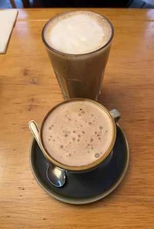 Hot chocolate and chai latte. Note that the drinks come without sugar.  at Mōpa in Paris