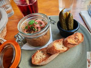 - Urban Pâté
Pickles and toasted bread at Mōpa in Paris