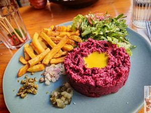 Bistro-style tartare
Beet, beans and condiments
Served with fries and salad  at Mōpa in Paris
