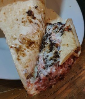 sad little smashed up burger and mayo in a wrap at The Owl & Hitchhiker in North London