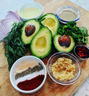 Healthy ingredients in the Avocado dill dressing served on many of the foods at Rawfully Yours at Rawfully Yours Juice Bar & Cafe in Lasalle