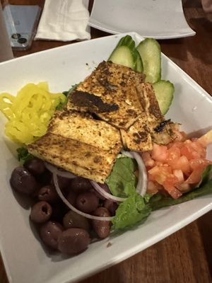 Greek salad add tofu .. also got this as a wrap to have hiking the next day!  at The Tap Room in St John