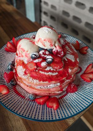 Pink Pancakes at Lisica Cafe in Maribyrnong