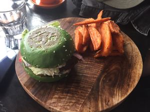 Falafel Burger with Sweet Potato Fries at Lisica Cafe in Maribyrnong