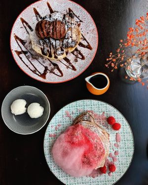 chocolate & pink pataya pancakes at Lisica Cafe in Maribyrnong