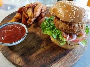 Chikin burger with sweet potato wedges at Lisica Cafe in Maribyrnong