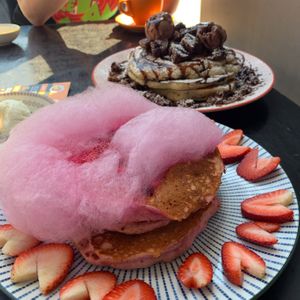 Fairy floss pancakes and chocolate brownie pancakes  at Lisica Cafe in Maribyrnong