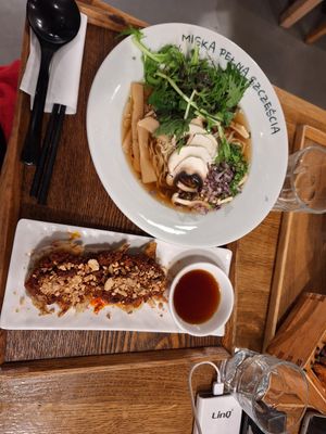 Mushroom Ramen and Gyoza at Uki Green in Warsaw