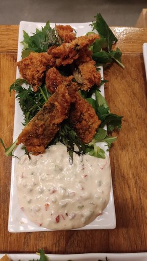 Fish in tempura (the "sauce" was amazing, kind of Spanish "ensaladilla rusa", but lighter) at Uki Green in Warsaw