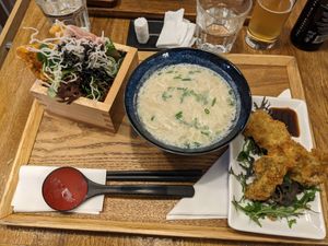 Creamy ramen lunch special with fried mushroom at Uki Green in Warsaw