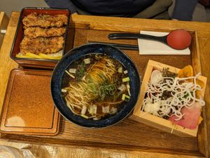 Tokyo next shoyu ramen with side of unaji at Uki Green in Warsaw