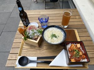 Ramen / Mabo lunch set, plus green tea zero alcohol beer.  at Uki Green in Warsaw