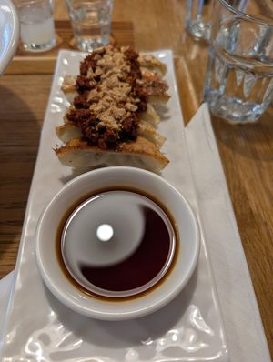 Gyoza with spicy soy mince topping at Uki Green in Warsaw