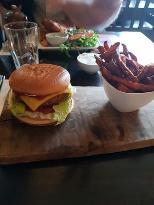 Mexicana burger with sweet potato fries. Vegan mayo! at The Queens Head in Farnham