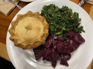 Chicken pot pie 🥧 with kale and beets  at Follow Your Heart Market & Cafe in Canoga Park