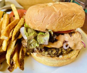 Multi-Grain Mushroom Burger w/ Crispy Fries at Follow Your Heart Market & Cafe in Canoga Park