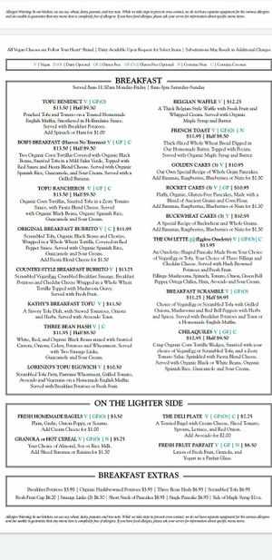 breakfast menu at Follow Your Heart Market & Cafe in Canoga Park