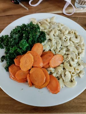 Alfredo with different pasta (out of fettuccini) + carrots (out of bread) at Follow Your Heart Market & Cafe in Canoga Park
