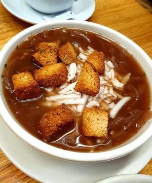 prefer the cheese (vegan) baked on top of French Onion at Follow Your Heart Market & Cafe in Canoga Park