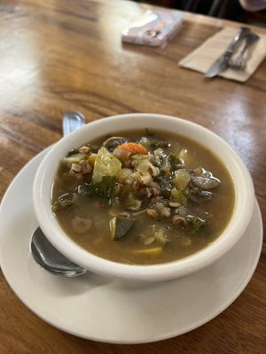 Barley veggie soup   at Follow Your Heart Market & Cafe in Canoga Park