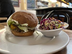 Mushroom barley burger  at Follow Your Heart Market & Cafe in Canoga Park