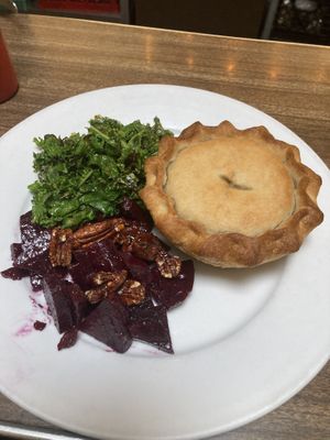 Pot pie with sautéed garlic kale and beets  at Follow Your Heart Market & Cafe in Canoga Park