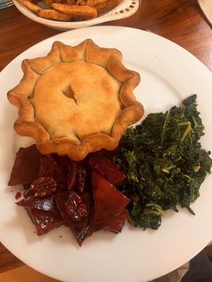 “Chicken” pot pie with beets and kale  at Follow Your Heart Market & Cafe in Canoga Park